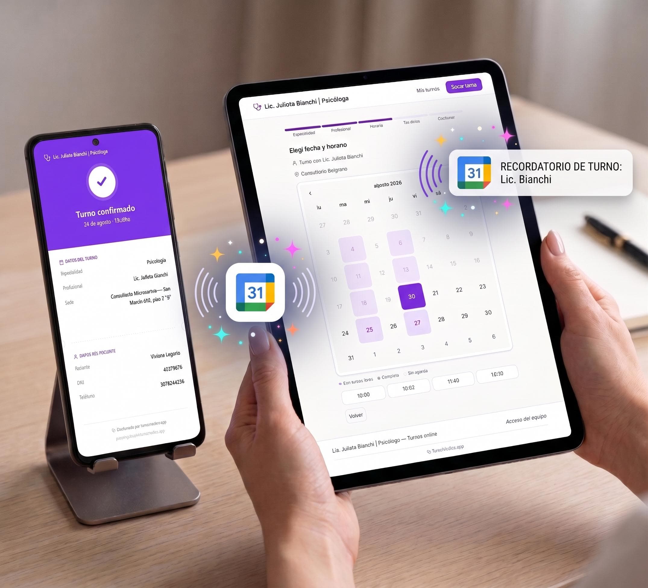 Turno confirmado en el celular y calendario de reserva de horario en la tablet, con recordatorio de turno