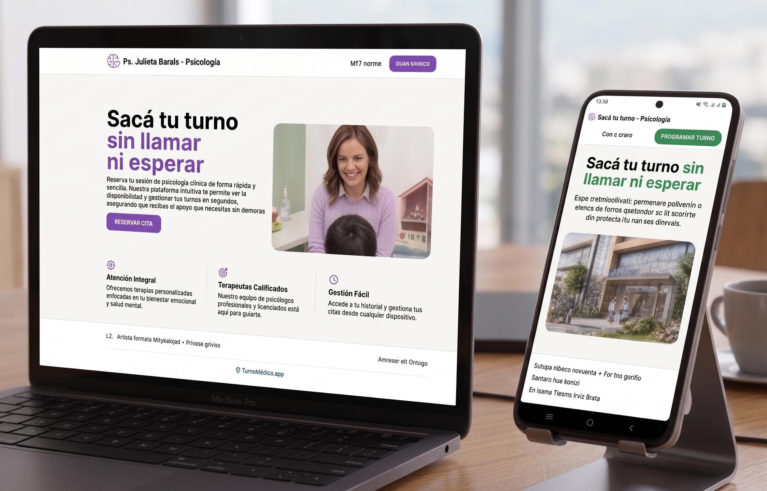 TurnoMédico en computadora y celular, mostrando la página de reserva de un consultorio